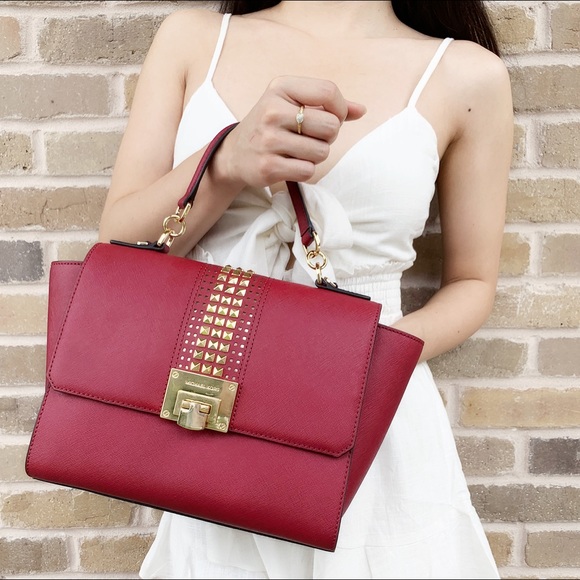 Michael Kors Handbags - Michael Kors Stud Med Cherry Red Chain Tote